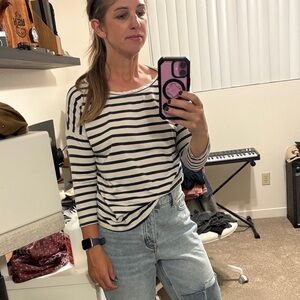 Patagonia Navy and White Striped Boatneck Three Quarters Sleeve Top